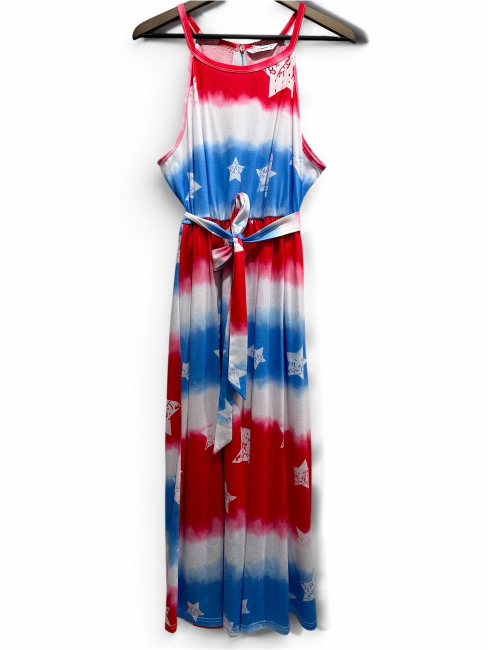 Patriotic Red White Blue Star Ombre Maxi Dress Belted XL